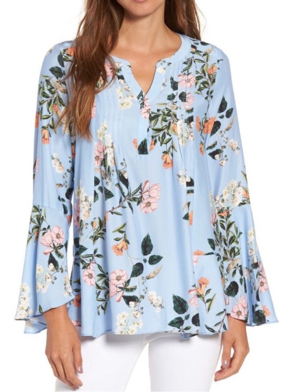 Parker Silk Floral Long Sleeve Pleated Bell Sleeve Blouse